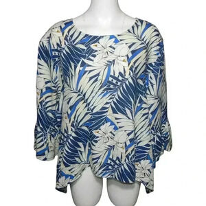 Bryn Walker Blue Hibiscus Print Linen Art to Wear Tunic Top Lagenlook Size 3X